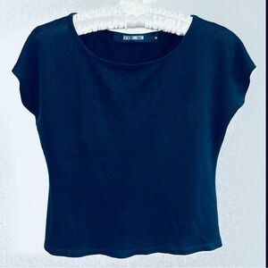 French Connection Womens Crop Top Textured Blue Cap Sleeve